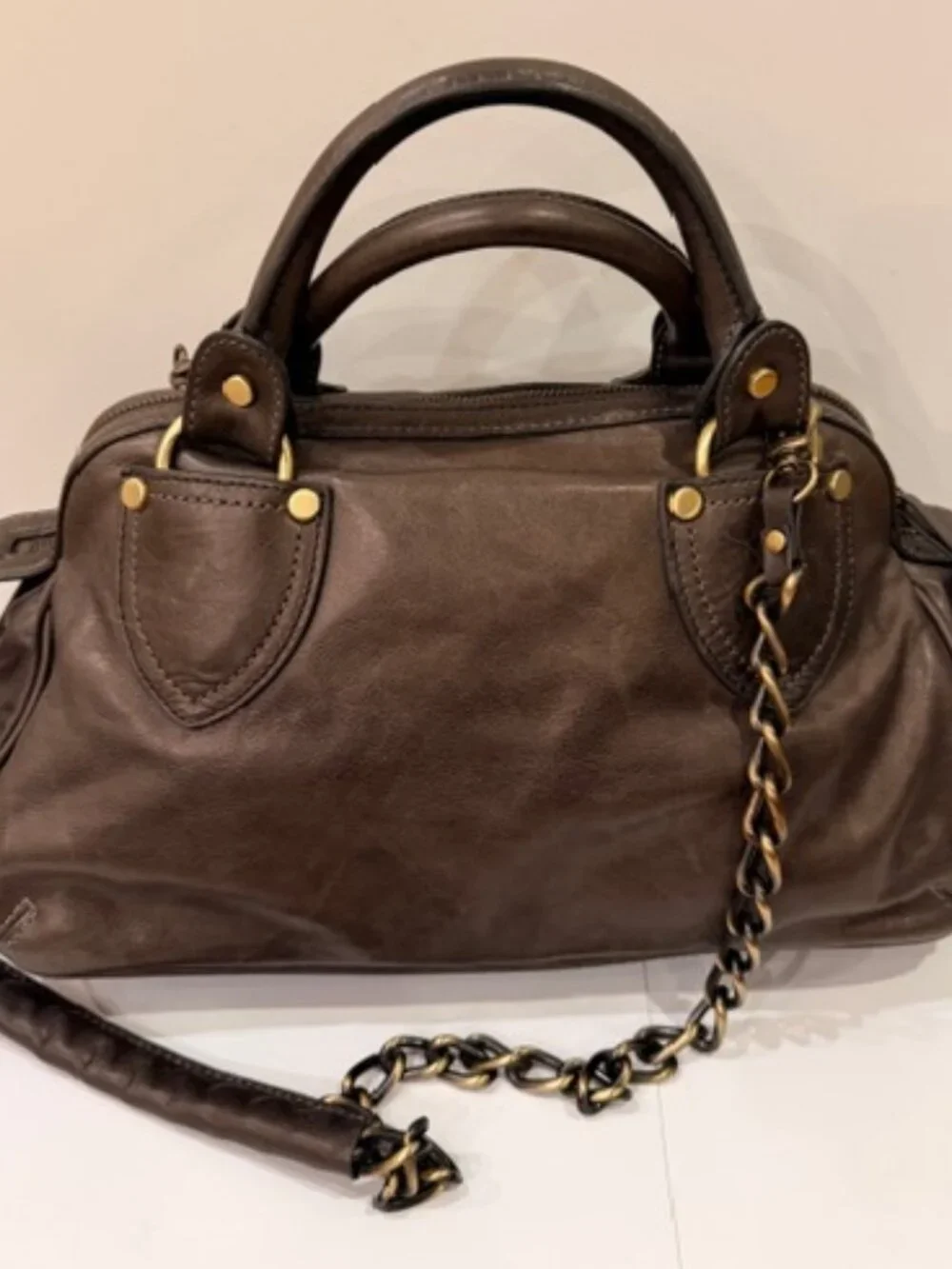 Luana Italian Leather Satchel Dark Olive Brown Chain Strap Top Handle